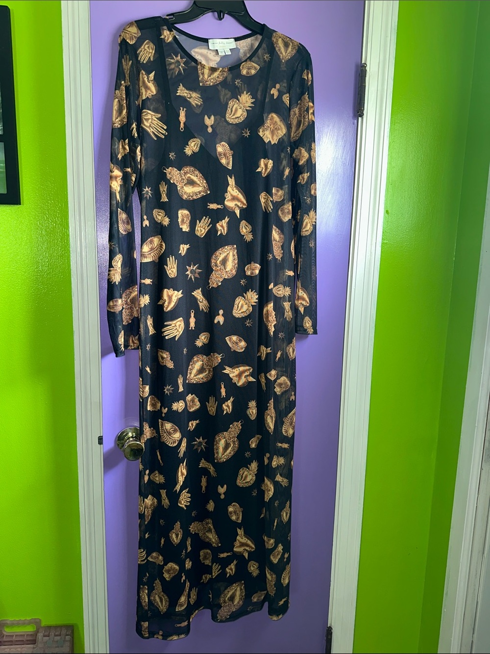 Never Fully Dressed Black and Gold Printed Long Sleeve Maxi Dress mesh with slip